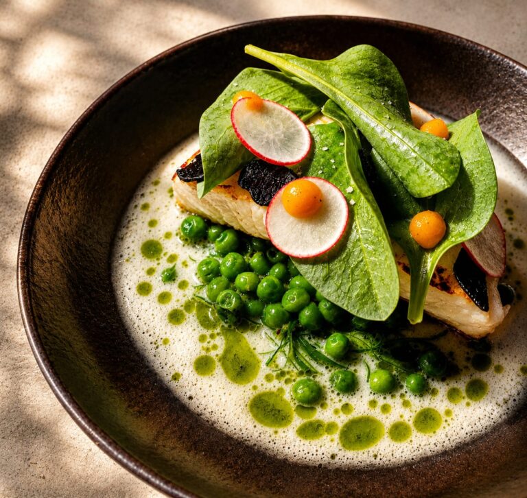 White fish with peas, cooked by the private chef at Villa Kyma, Aegina