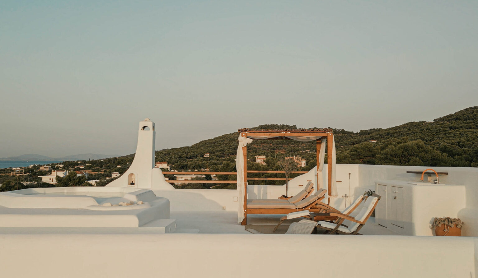 Rooftop jacuzzi and pergola at sunset, Villa Kyma, Aegina