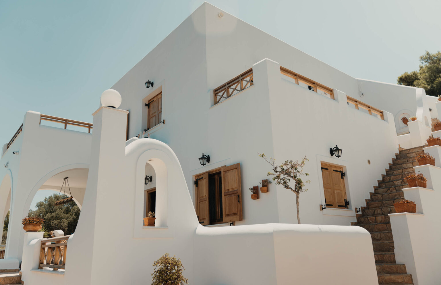 Whitewashed Cycladic architecture of Villa Kyma, Aegina